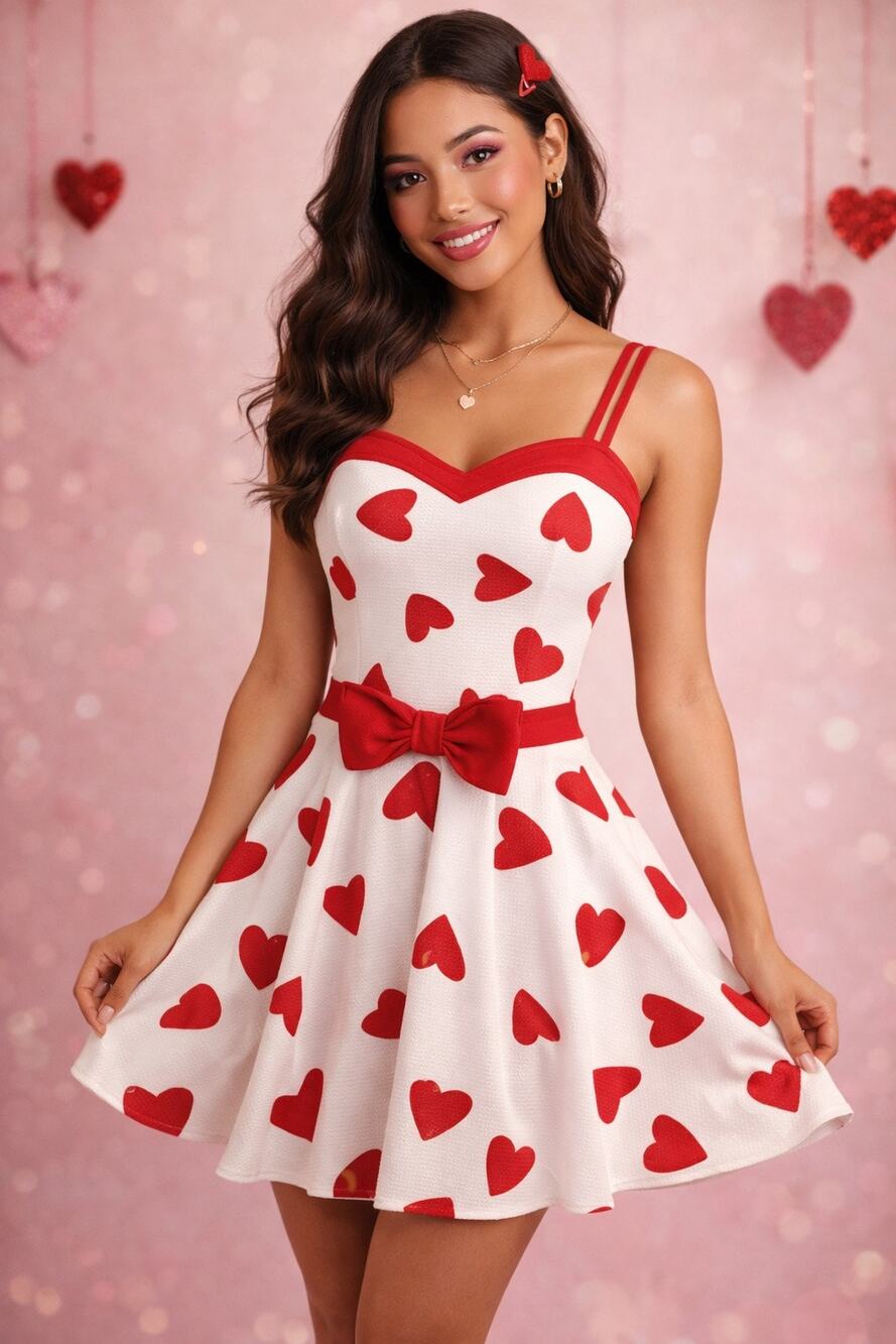 Red Heart Print Fit & Flare Mini Dress Coquette Valentine Y2K XS S